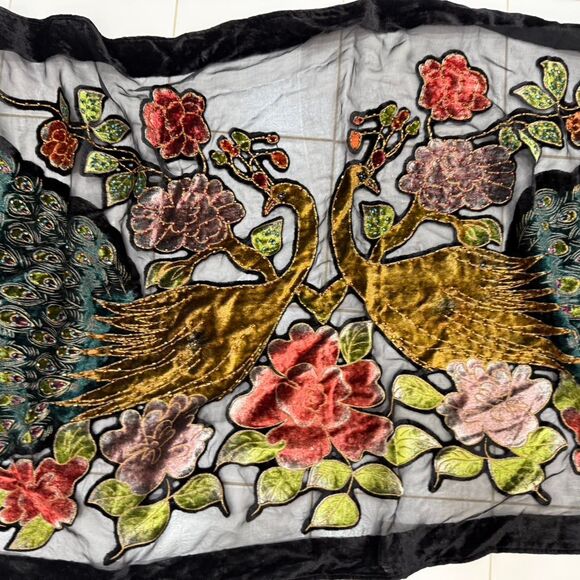 Vibrant multi-coloured silk scarf with double peacock motif in velvet and beaded - Picture 1 of 5